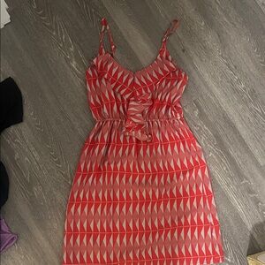 fab'rik Red and White Geometric Midi Dress